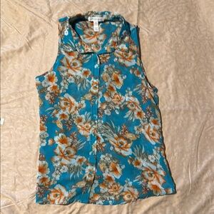 Ambiance Blue Tan Sleeveless Peter Pan Collar Top